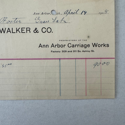Walker and Company Receipt Letterhead Document 1908 Carriage Sleigh Ann Arbor MI