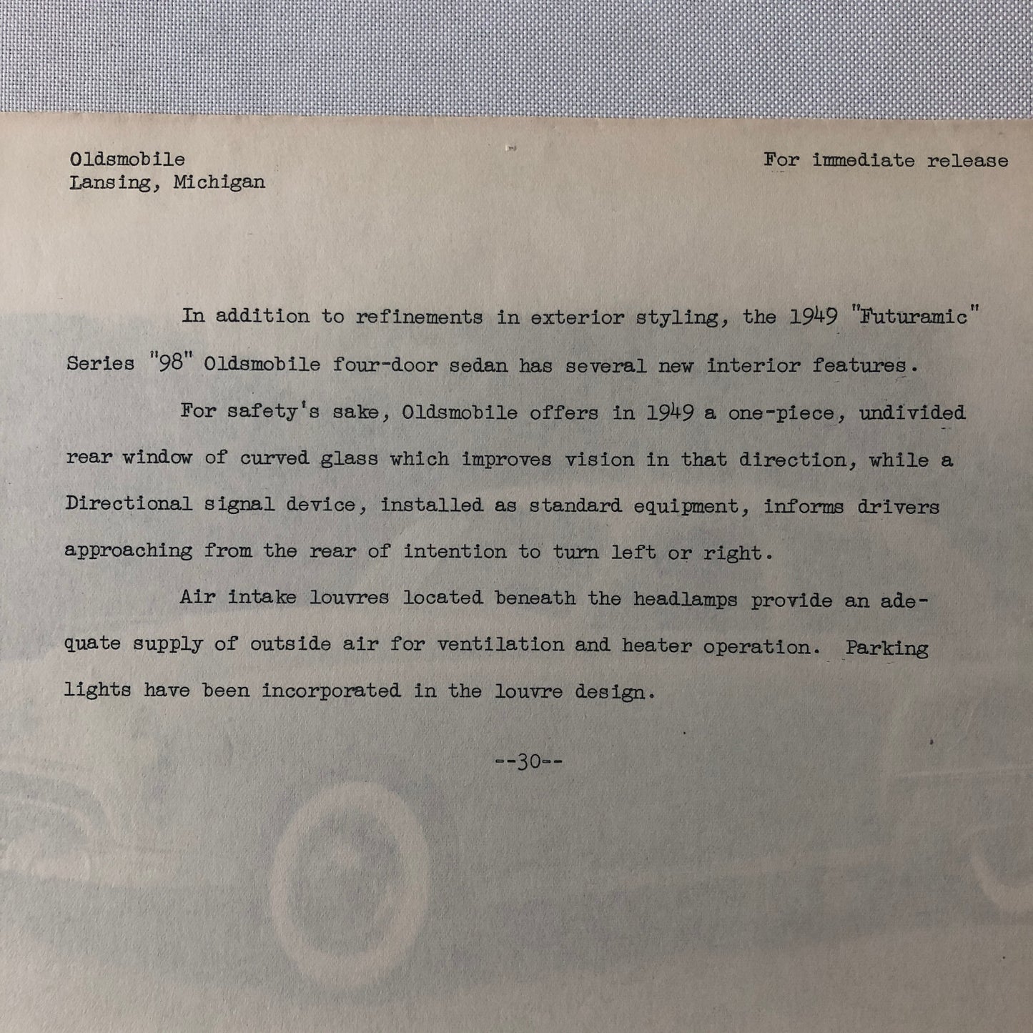 1949 Oldsmobile Series 98 Futuramic Sedan Factory Press Photo Photograph Print