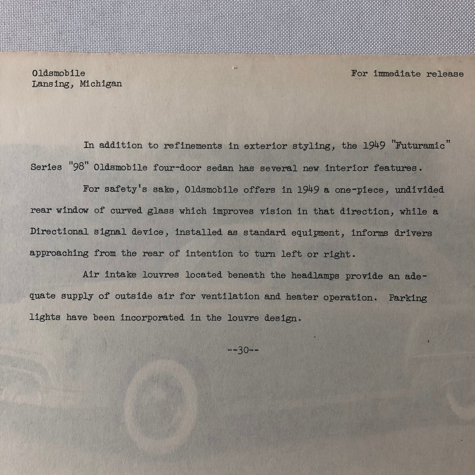 1949 Oldsmobile Series 98 Futuramic Sedan Factory Press Photo Photograph Print