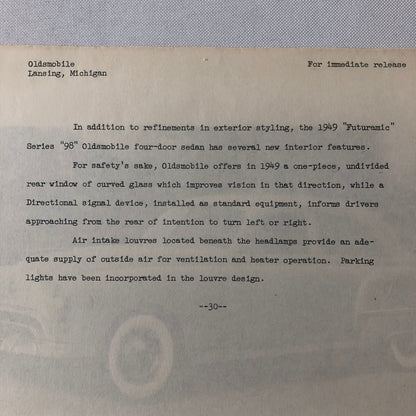 1949 Oldsmobile Series 98 Futuramic Sedan Factory Press Photo Photograph Print