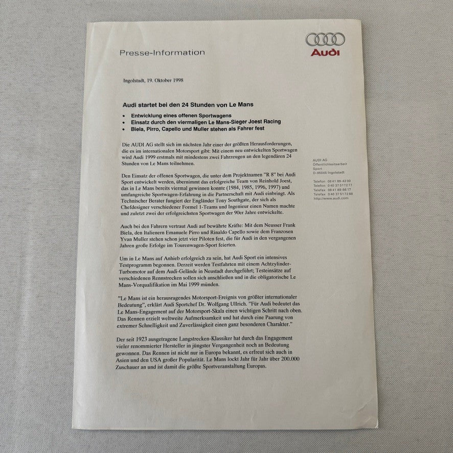 1999 Audi 24 Hours of LeMans Racing Team Press Kit Photos Brochure GERMAN