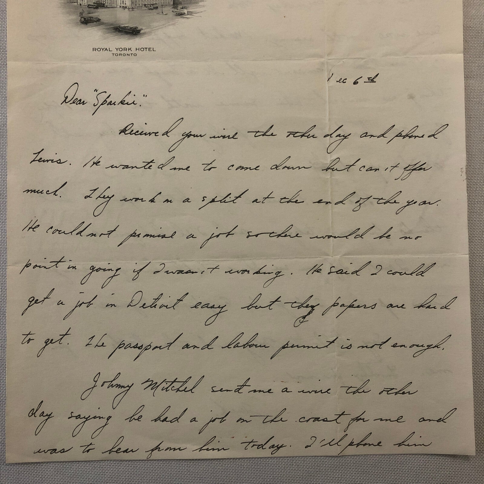 Royal York Hotel Toronto Letterhead Letter Hockey Player Detroit Red Wings Scout