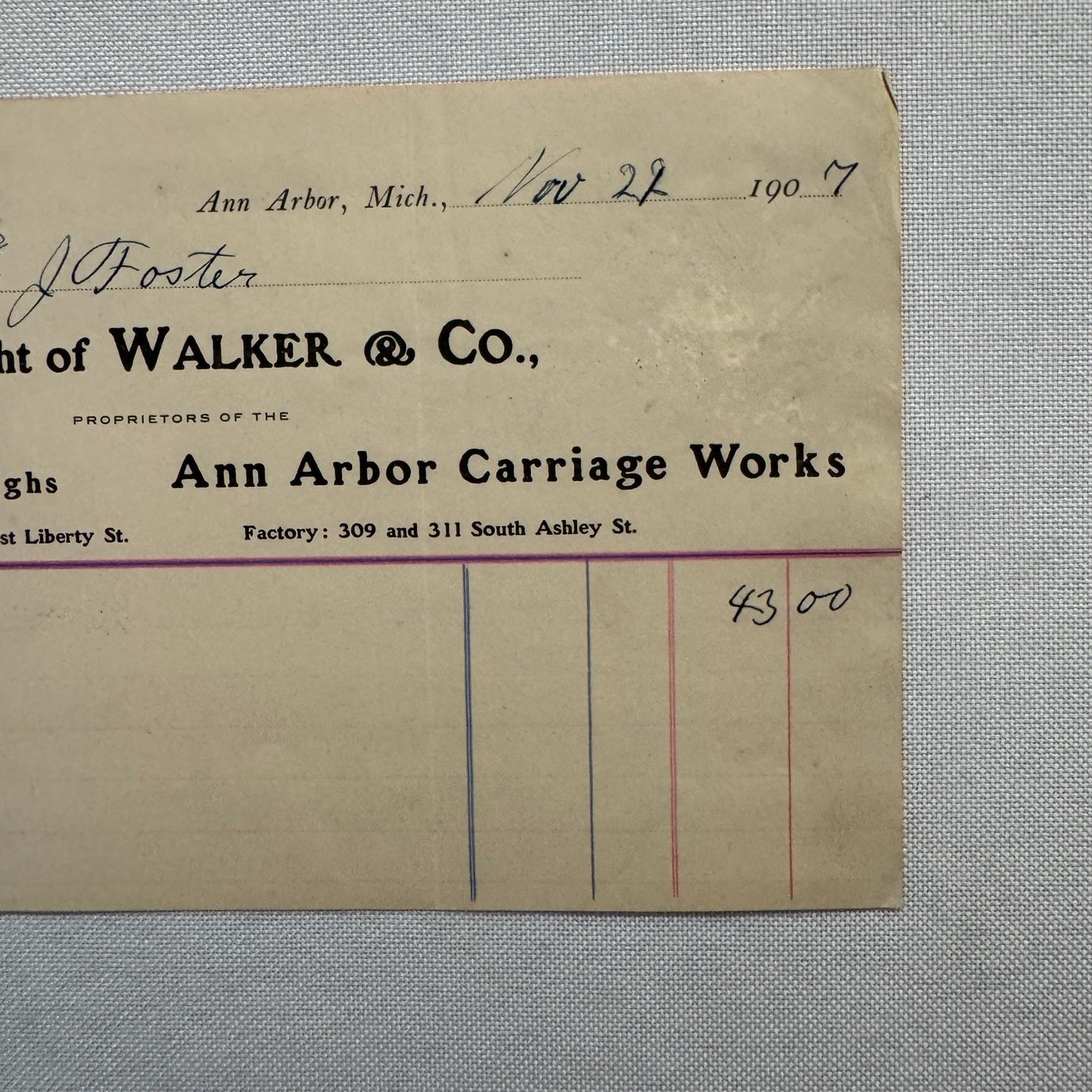 1907 Walker and Company Ann Arbor Carriage Works Receipt Letterhead Document