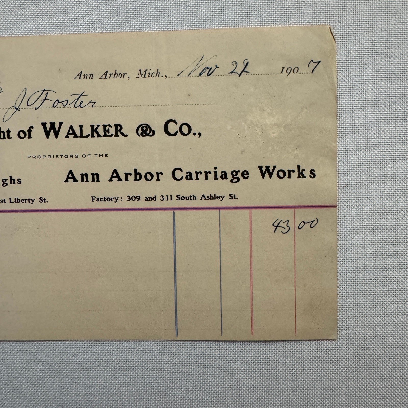 1907 Walker and Company Ann Arbor Carriage Works Receipt Letterhead Document
