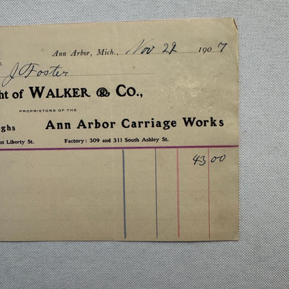 1907 Walker and Company Ann Arbor Carriage Works Receipt Letterhead Document
