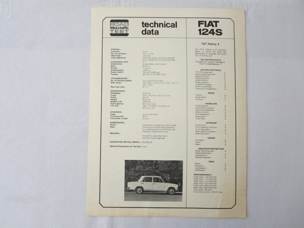 1970 1971 1972 ? Fiat 124S Road Test Sales Sales Brochure 124 S 