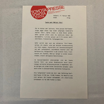 1989 Toyota Press Kit Brochure Photos Starlet Chic Supra Carina Corolla GERMAN