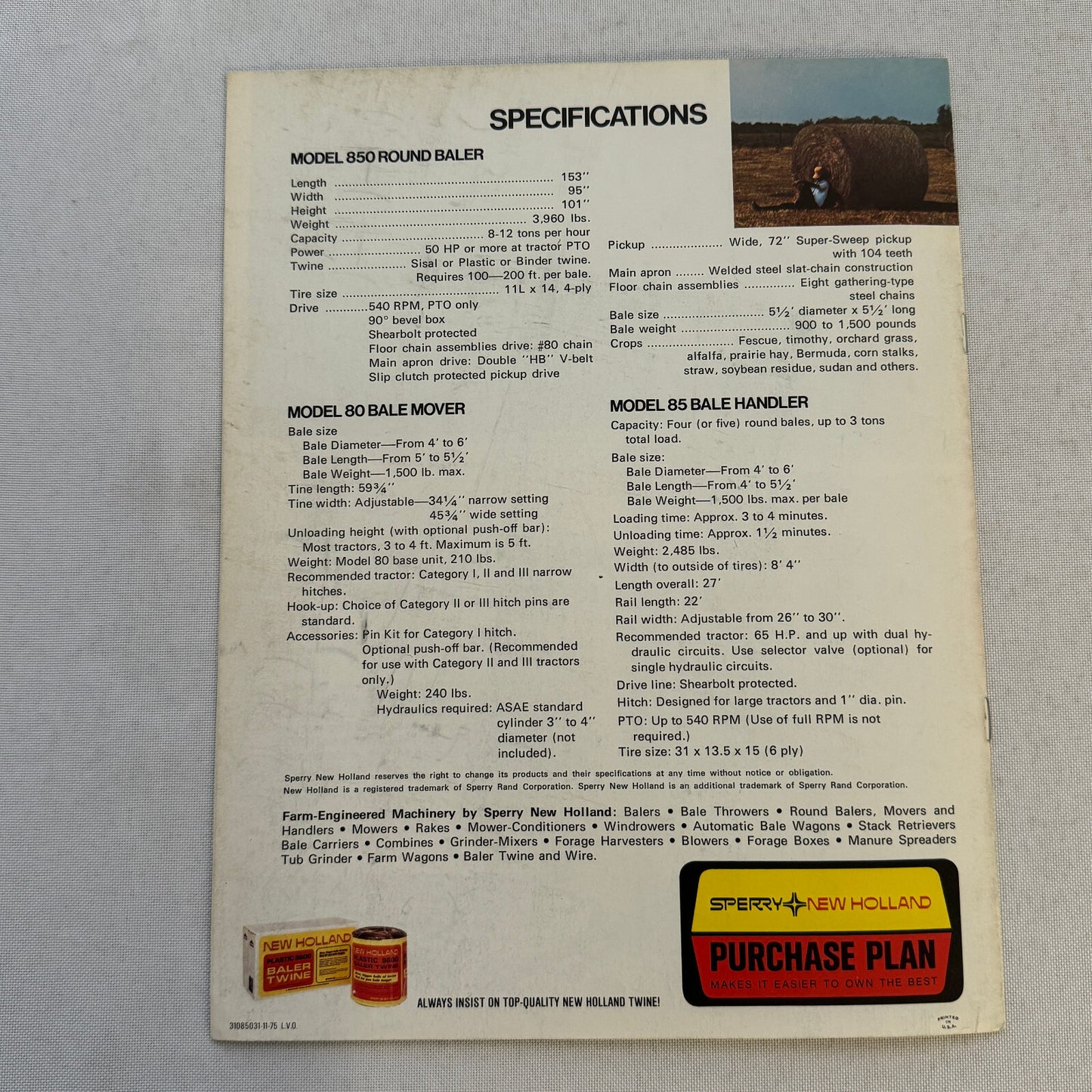 Sperry New Holland Farm Equipment Brochure Hay Baler Handler Mover Vintage 850