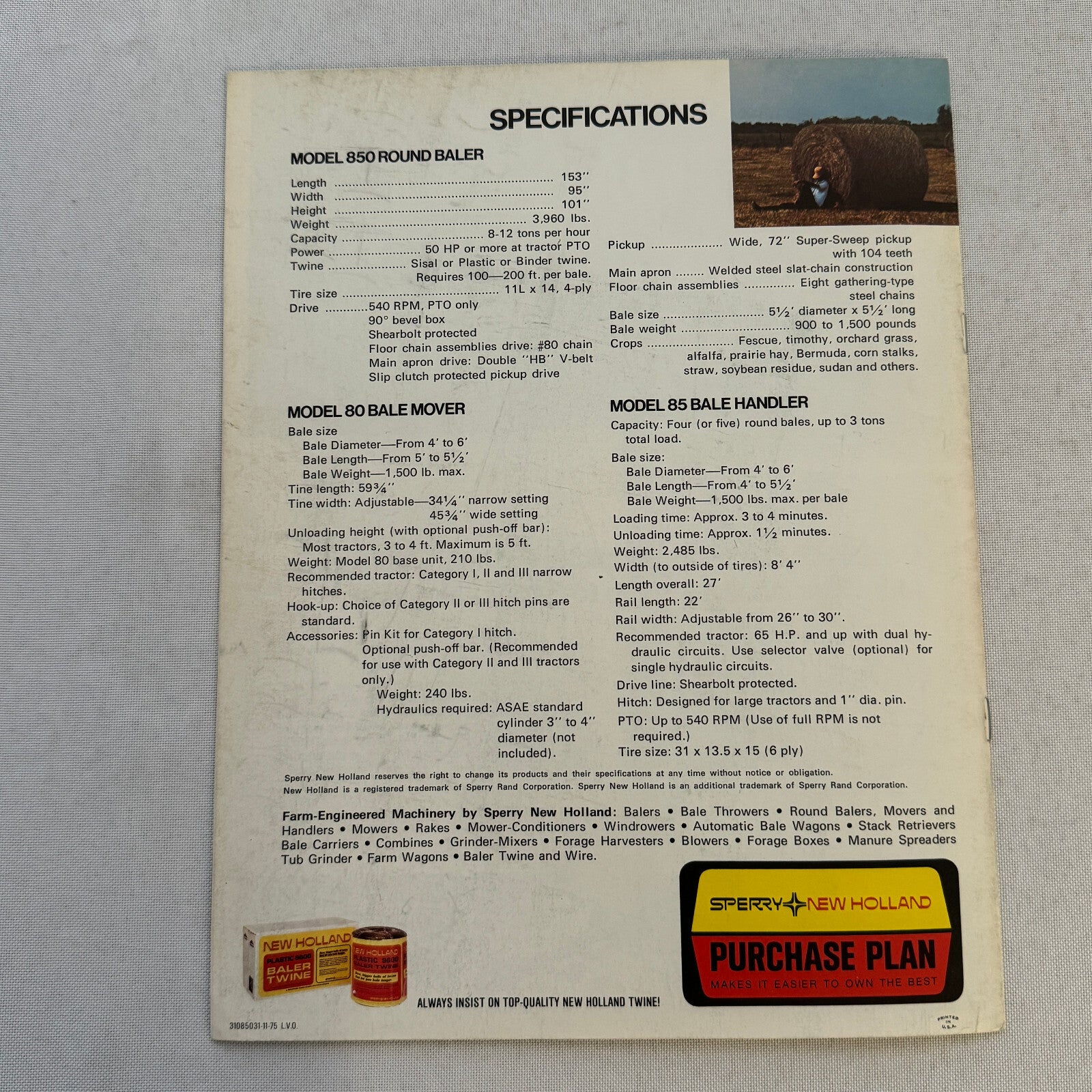 Sperry New Holland Farm Equipment Brochure Hay Baler Handler Mover Vintage 850