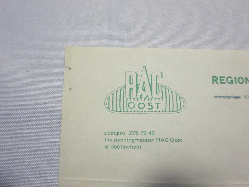 1982 RAC Regionale Automobielsport Club Oost Car Rally Racing Letter Letterhead