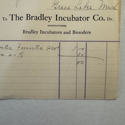 1908 Bradley Incubator Company Eaton Rapids Michigan Invoice Document Antique