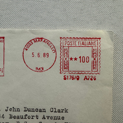 Vintage Ferrari Maranello Envelope Postmark Postage Stamp 1989
