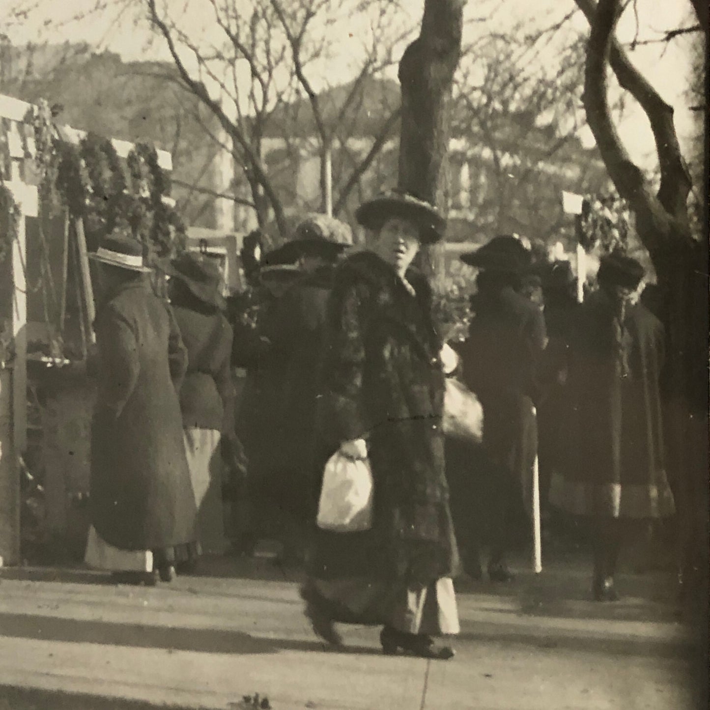 Antique Glass Plate Lantern Slide Photo People in Market with Plants Wreath