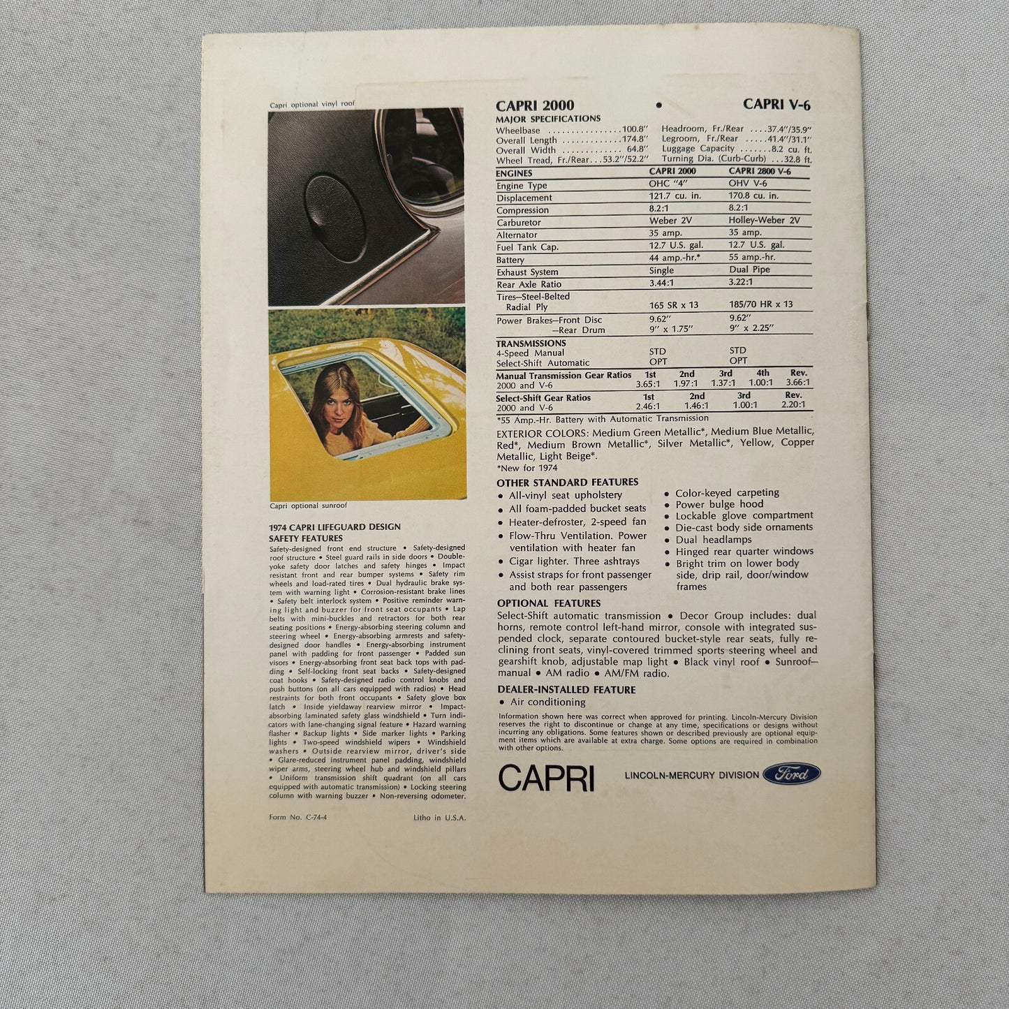 Capri 2000 and Capri V6 Car Sales Brochure Catalog Advertising Mercury Capri