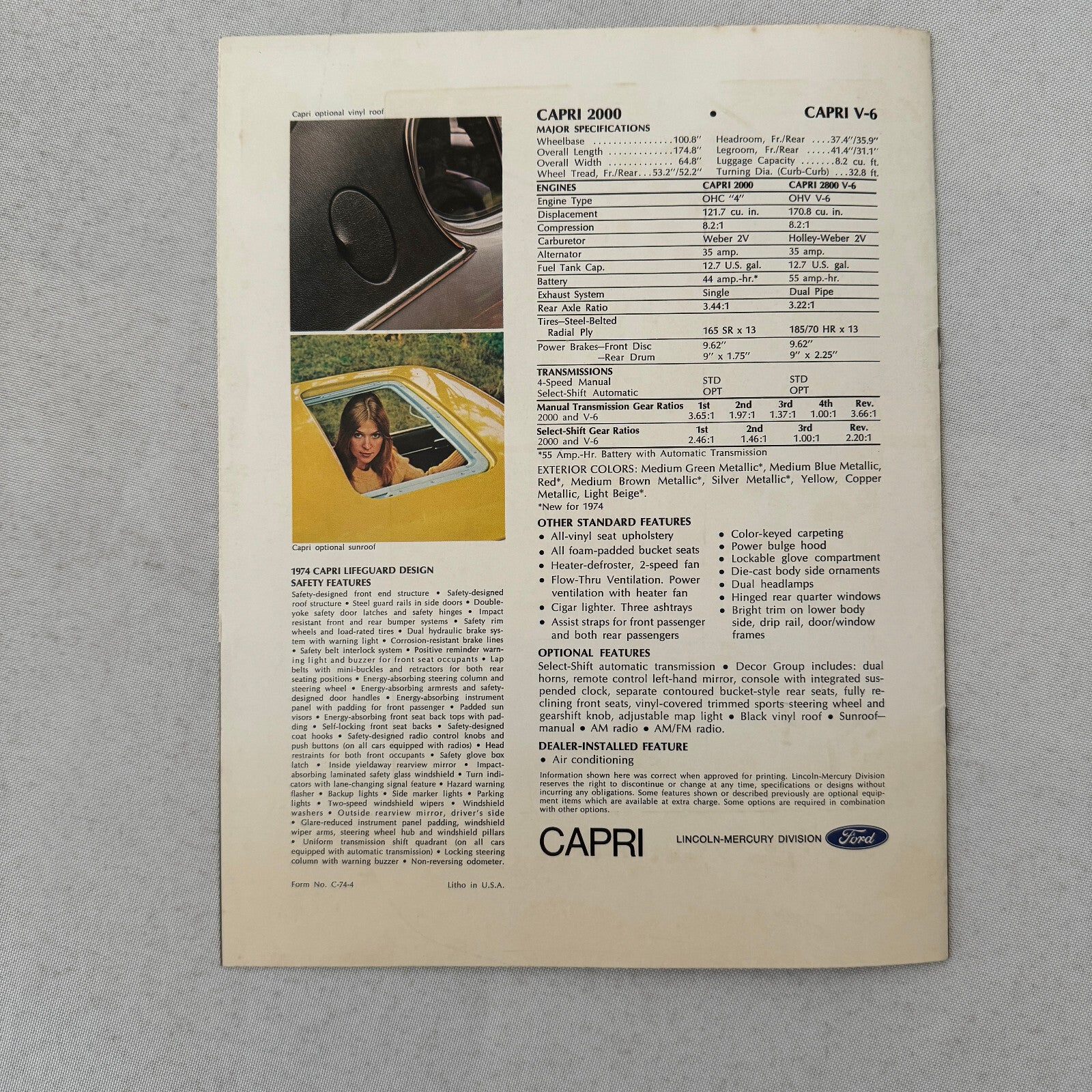 Capri 2000 and Capri V6 Car Sales Brochure Catalog Advertising Mercury Capri