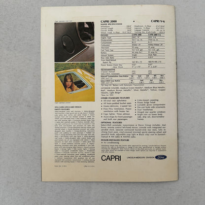 Capri 2000 and Capri V6 Car Sales Brochure Catalog Advertising Mercury Capri