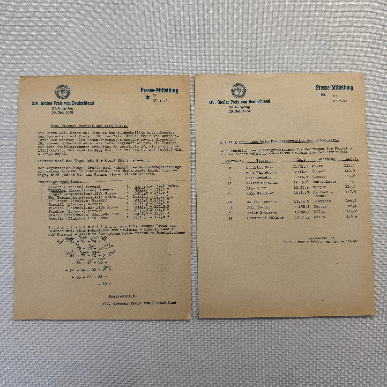 1951 AVD European Grand Prix at Nurburgring Racing Race Document Lot 2x