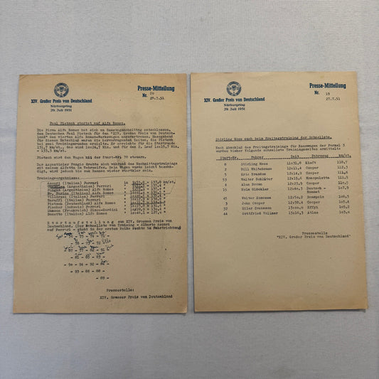 1951 AVD European Grand Prix at Nurburgring Racing Race Document Lot 2x