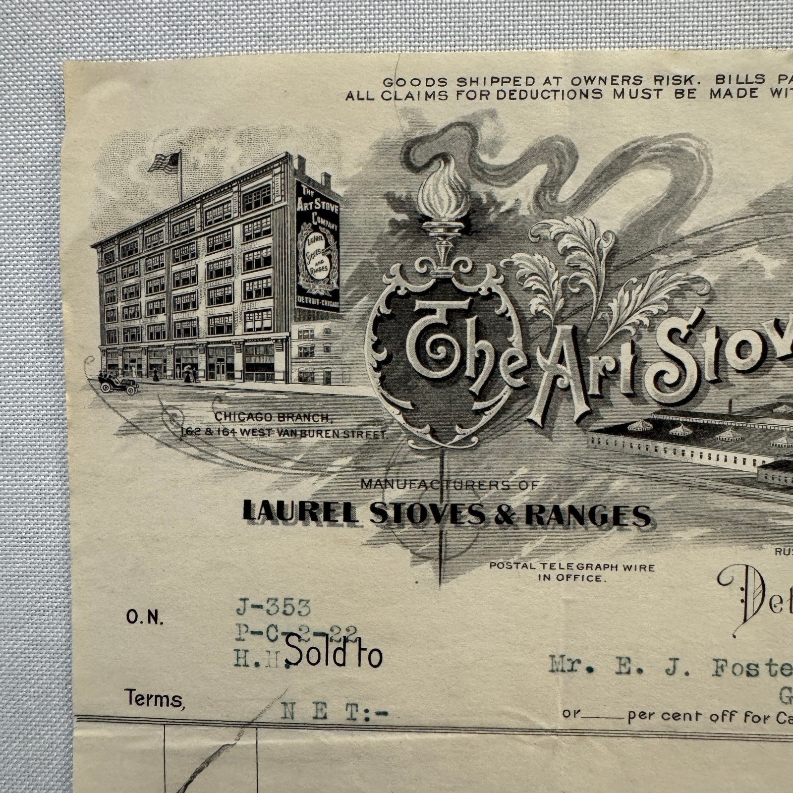 Art Stove Company Laurel Letterhead Invoice Document 1908 Detroit Michigan