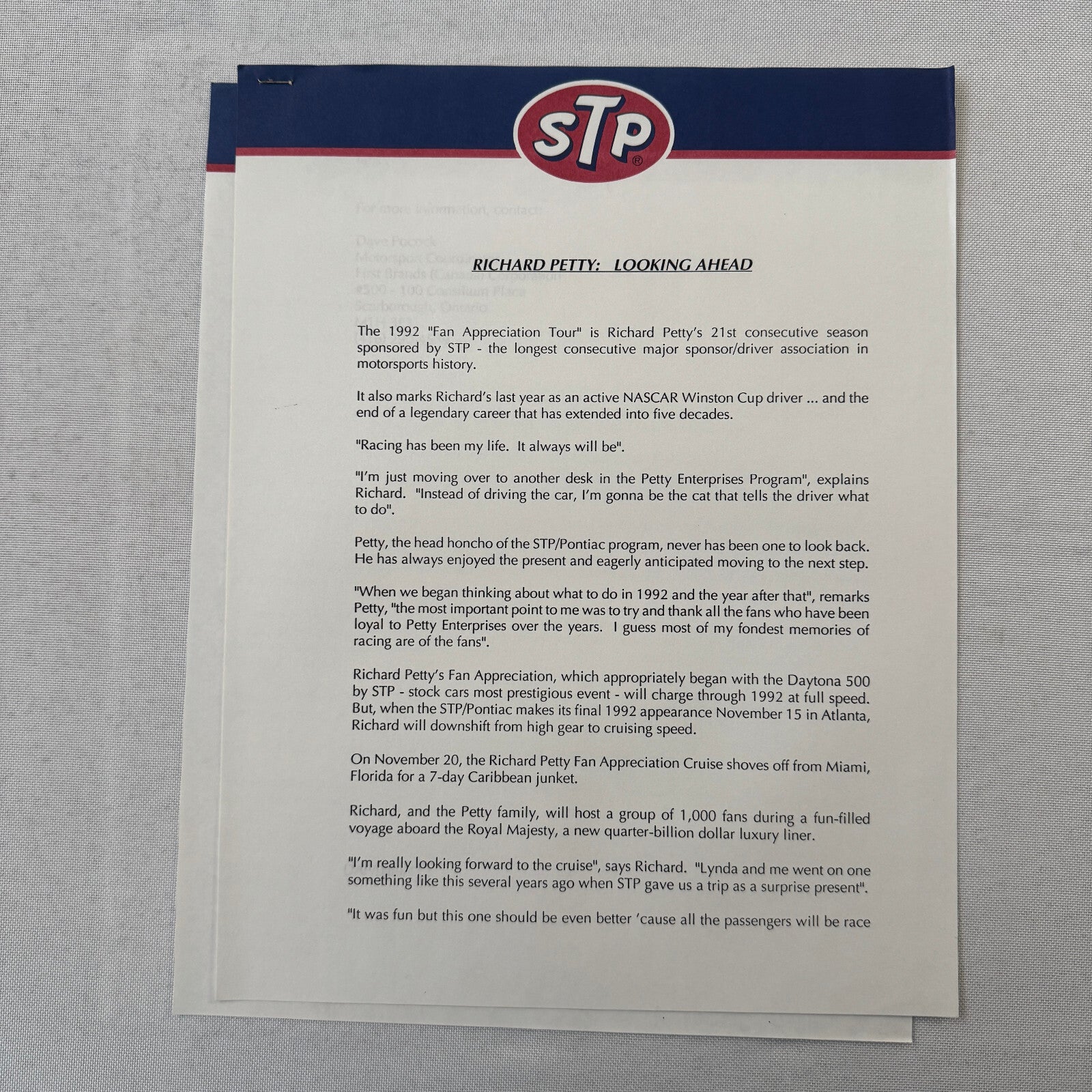 1992 STP Racing Press Kit Brochure Photos Bryan Herta Richard Petty Vintage