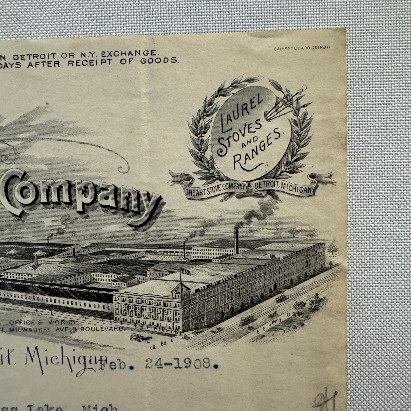 Art Stove Company Laurel Letterhead Invoice Document 1908 Detroit Michigan