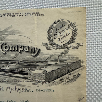Art Stove Company Laurel Letterhead Invoice Document 1908 Detroit Michigan
