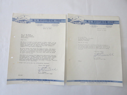 1949 & 1951 S.L. Savidge Motors Dodge Plymouth Letter Letterhead Document 