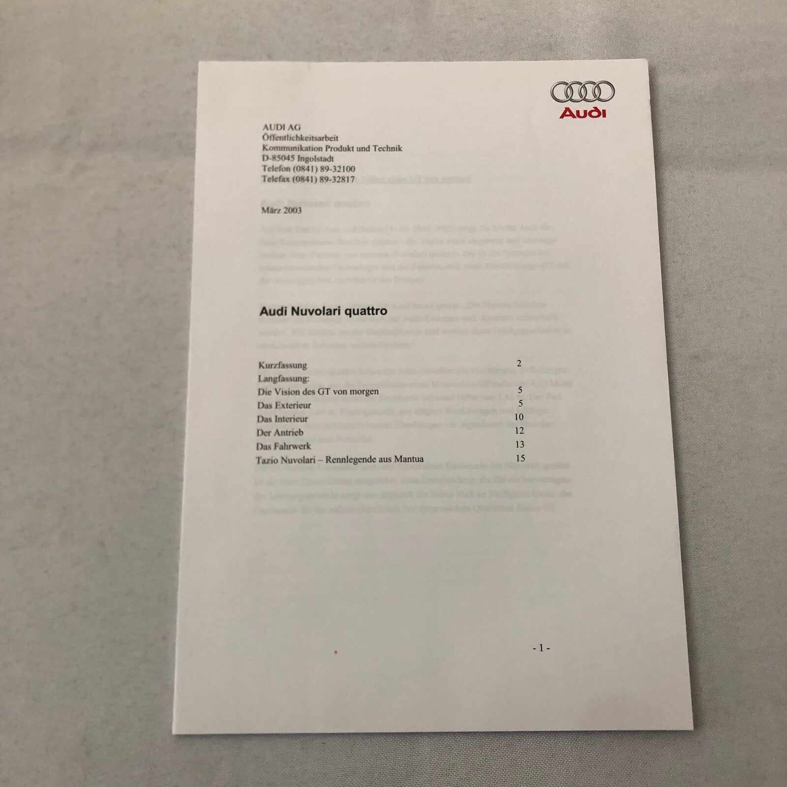 2003 Audi Nuvolari Quattro Concept Car Prototype Press Kit Brochure GERMAN