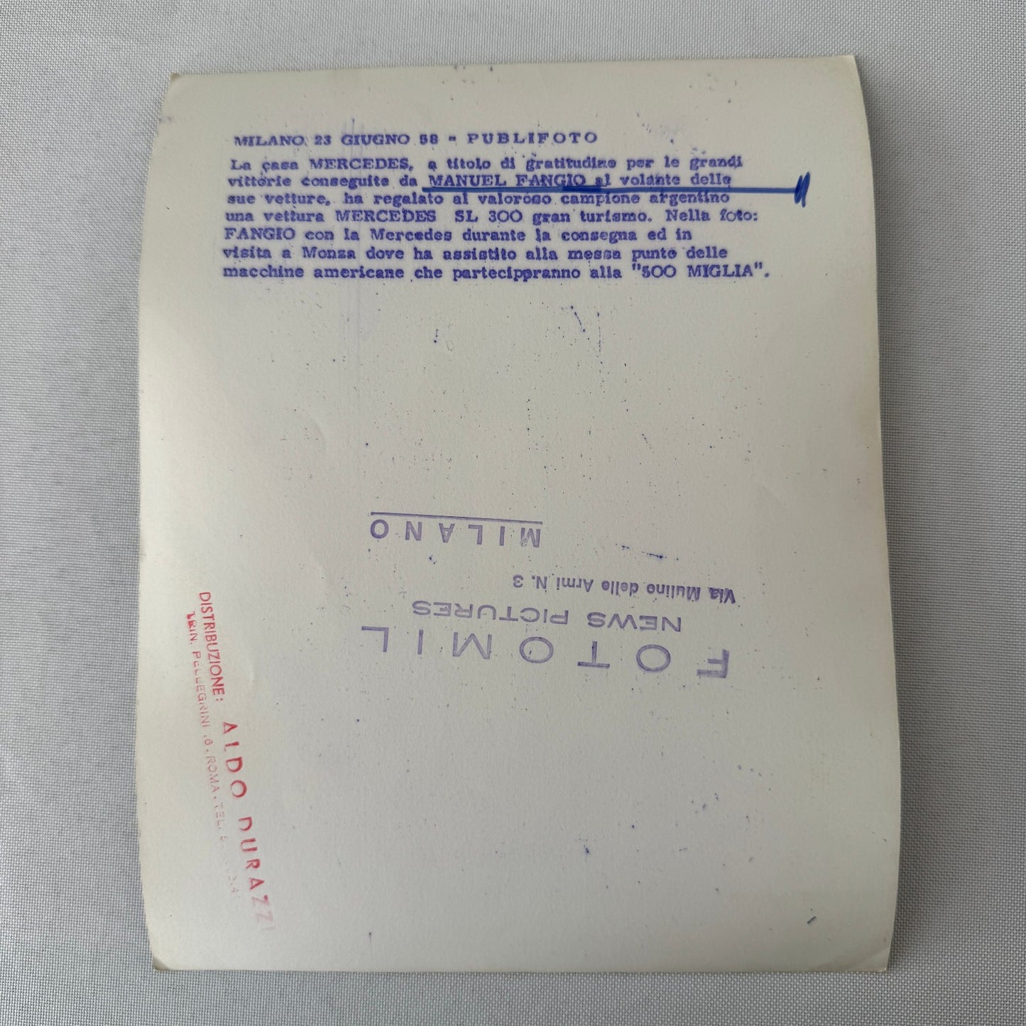 Juan Manuel Fangio Mercedes 300 SL Roadster Italian Press Photo Photograph 1958
