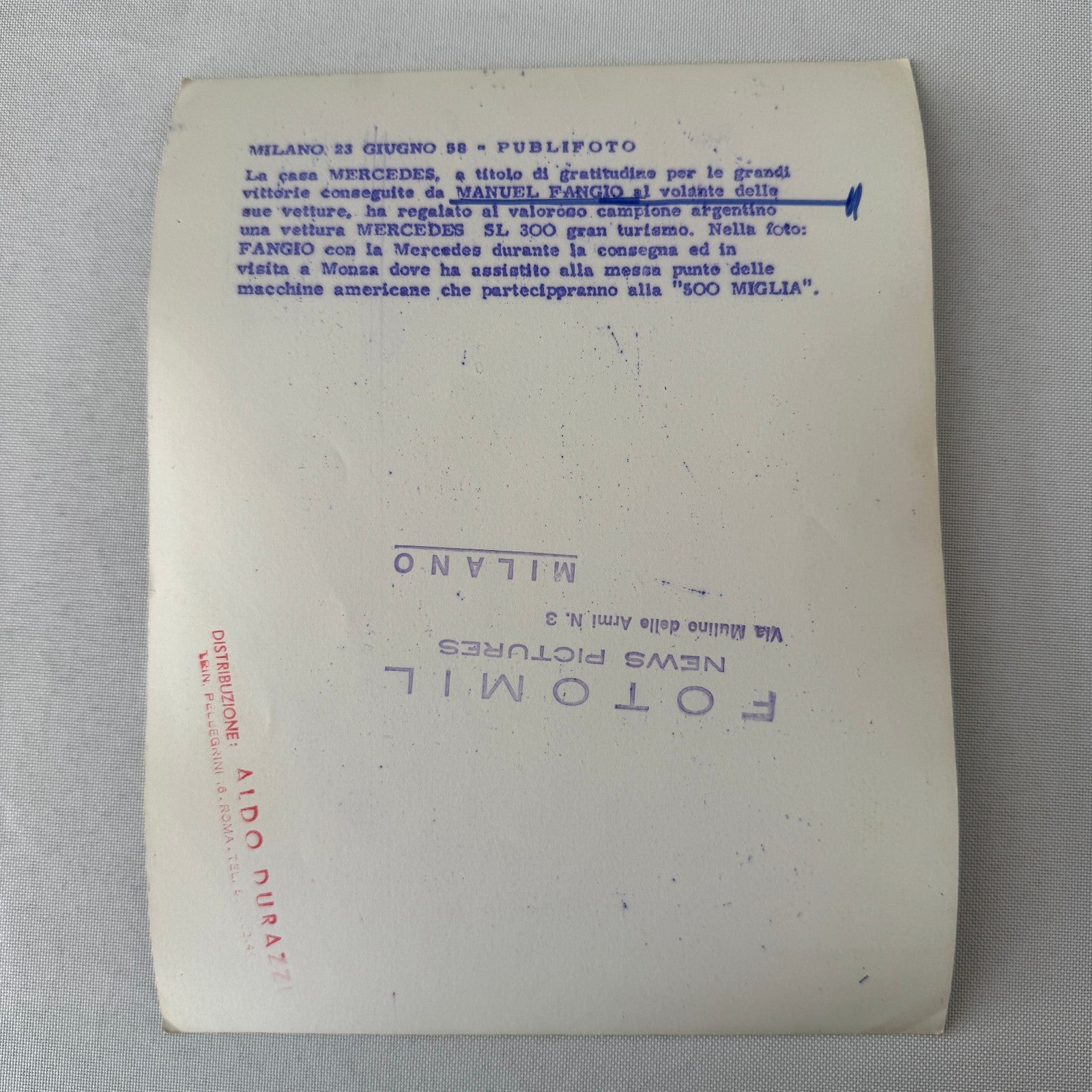 Juan Manuel Fangio Mercedes 300 SL Roadster Italian Press Photo Photograph 1958