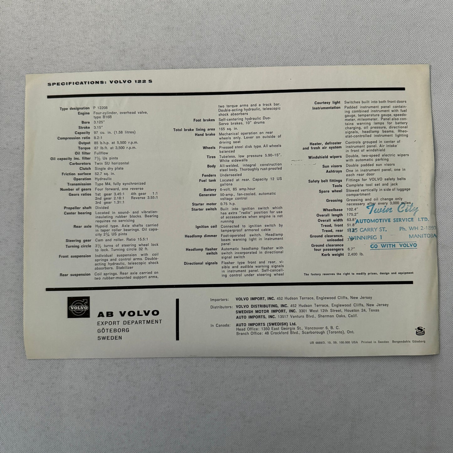 Volvo 122 S 122S Car Sales Brochure Catalog Vintage Advertising