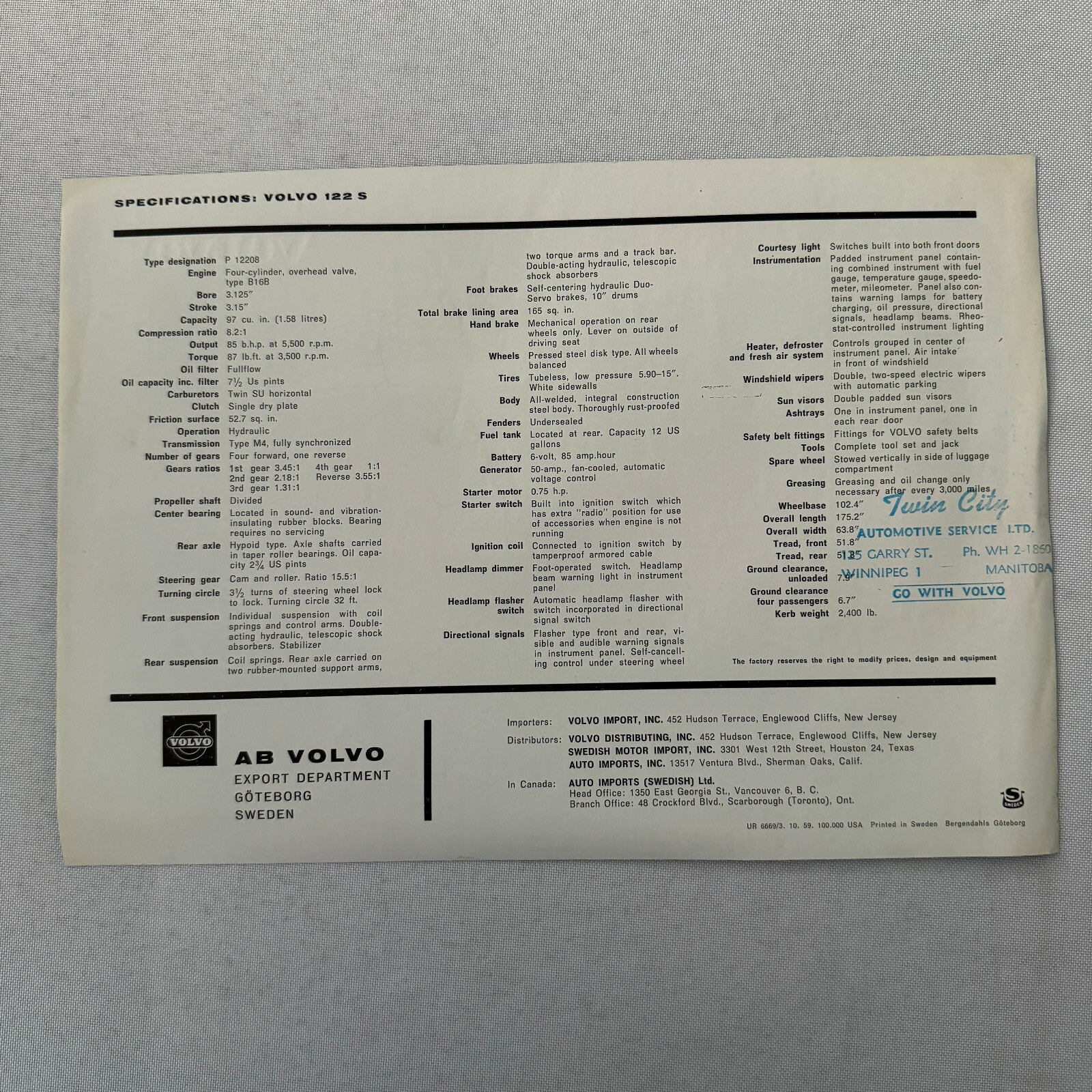 Volvo 122 S 122S Car Sales Brochure Catalog Vintage Advertising