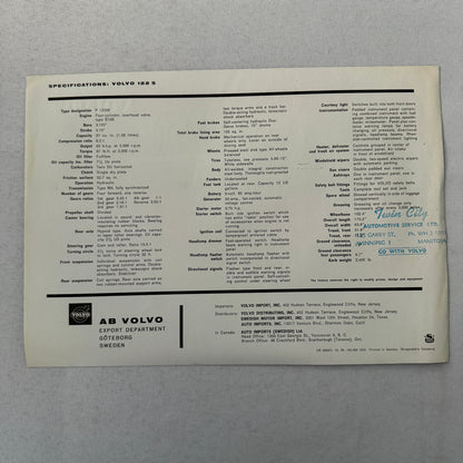 Volvo 122 S 122S Car Sales Brochure Catalog Vintage Advertising