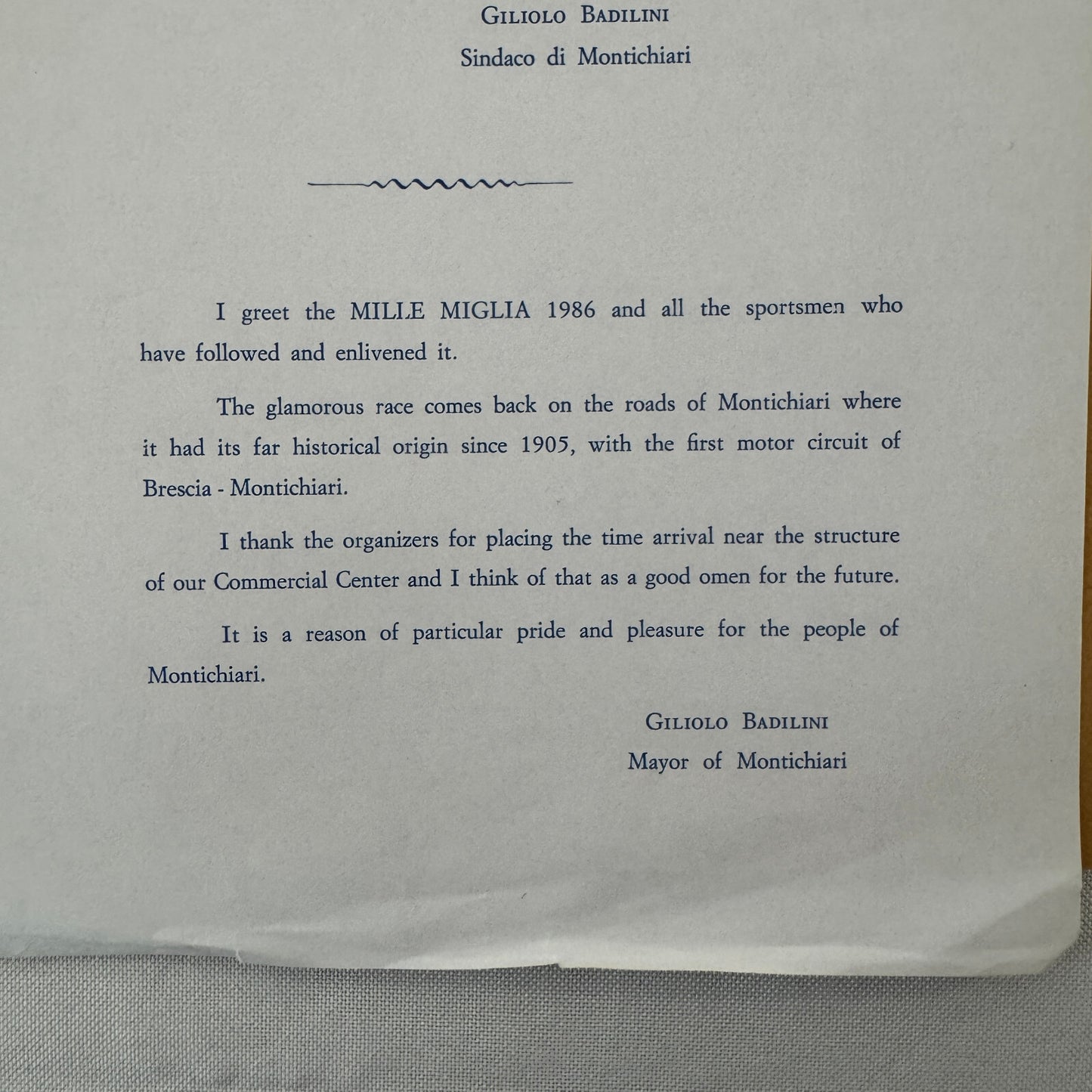 Mille Miglia Montichiari Italy 1986 Letter From Mayor with Vintage Photos 1986