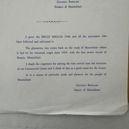 Mille Miglia Montichiari Italy 1986 Letter From Mayor with Vintage Photos 1986