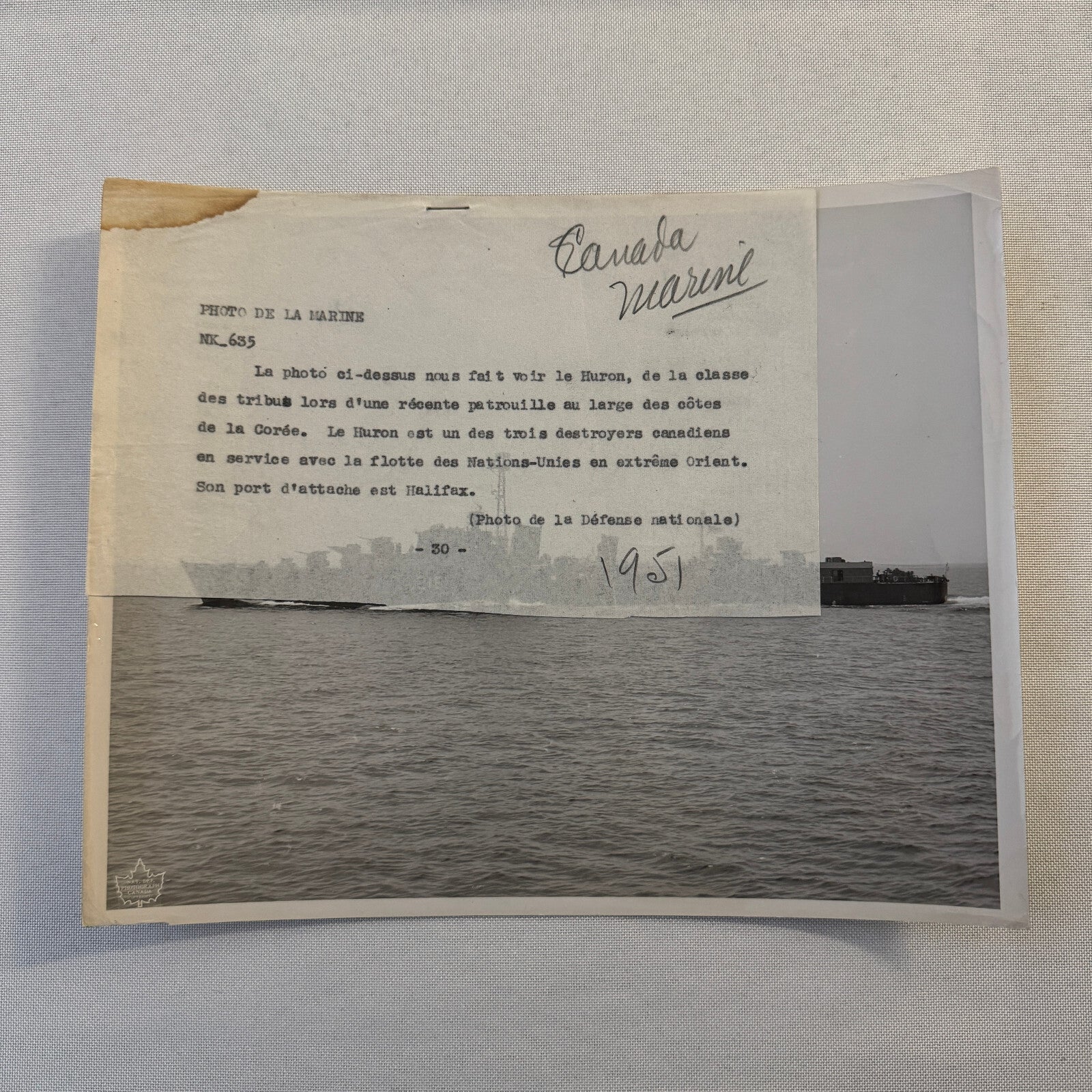 Royal Canadian Navy Huron Destroyer Military Ship Press Photo Photograph 1951