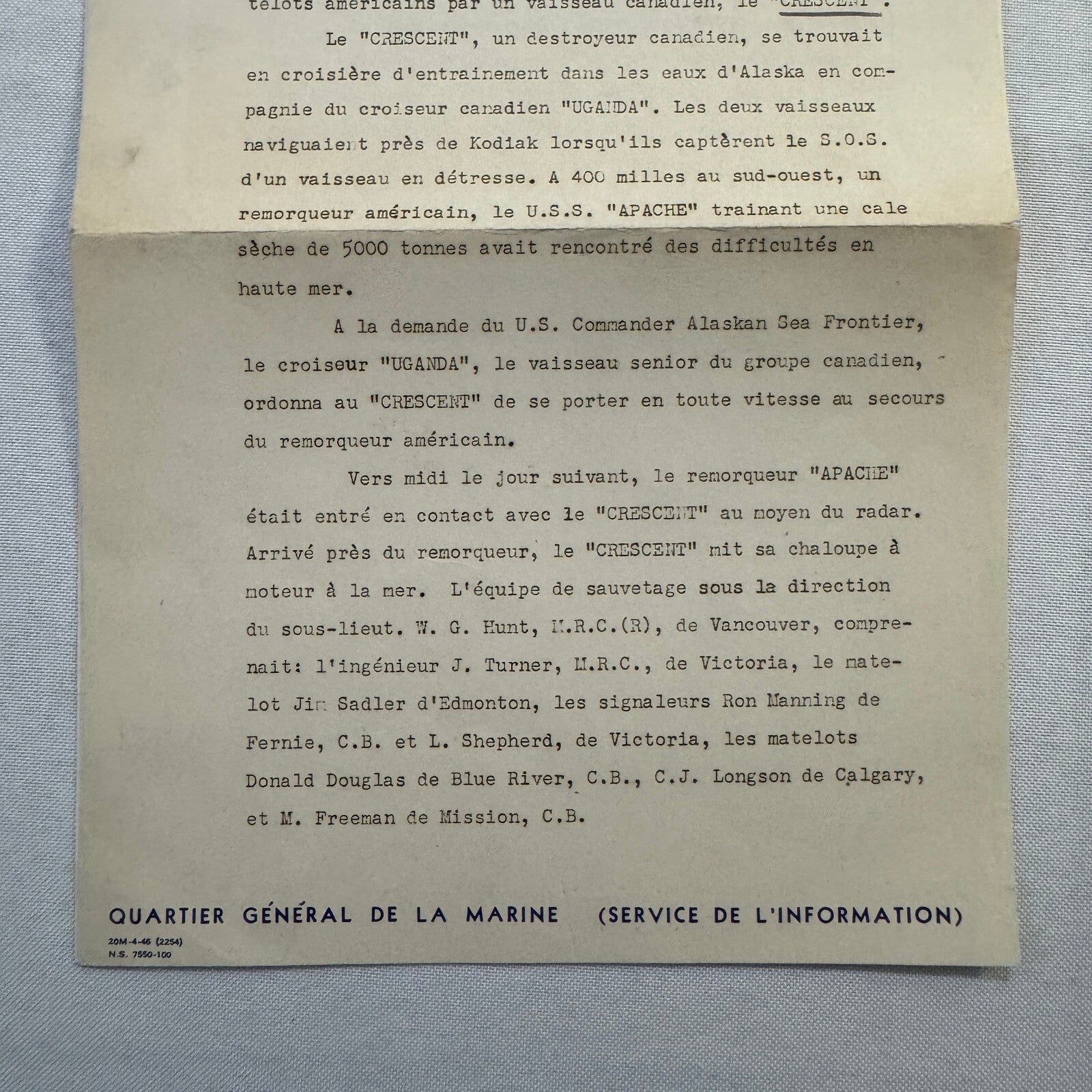 1946 Royal Canadian Navy Press Release Document HMCS Crescent Vintage FRENCH