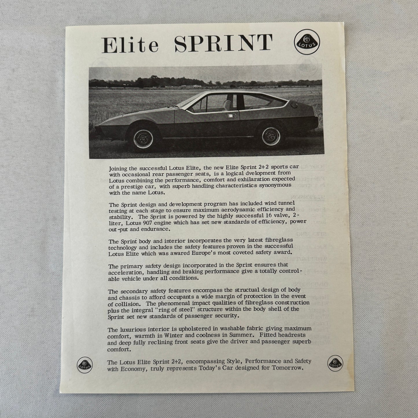 1976 Lotus Car Press Kit Brochure Photo Photograph Lotus Elite Lotus Esprit +
