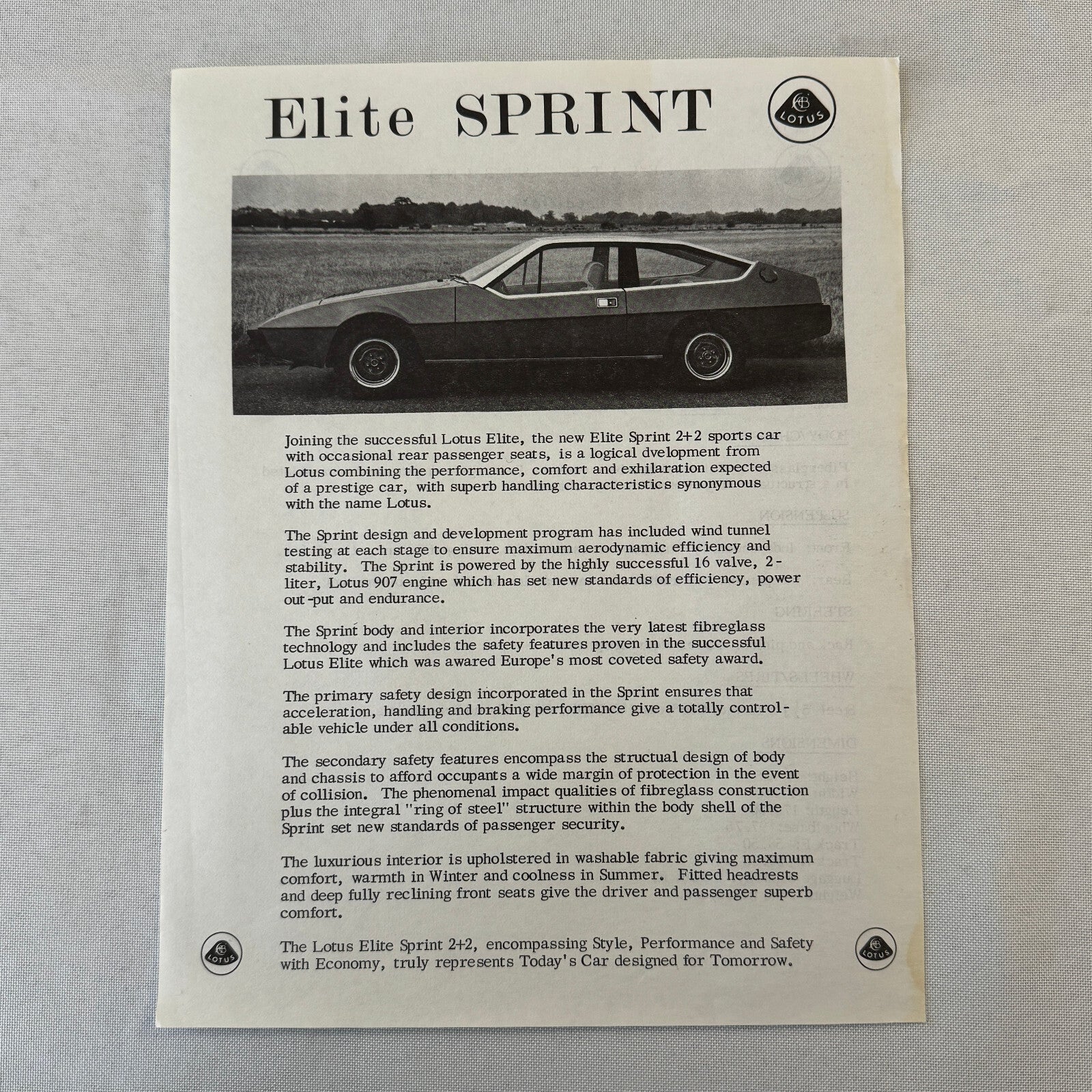 1976 Lotus Car Press Kit Brochure Photo Photograph Lotus Elite Lotus Esprit +
