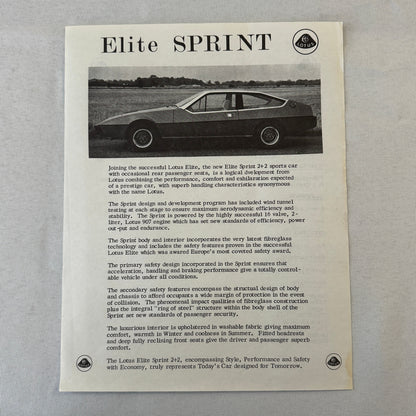 1976 Lotus Car Press Kit Brochure Photo Photograph Lotus Elite Lotus Esprit +