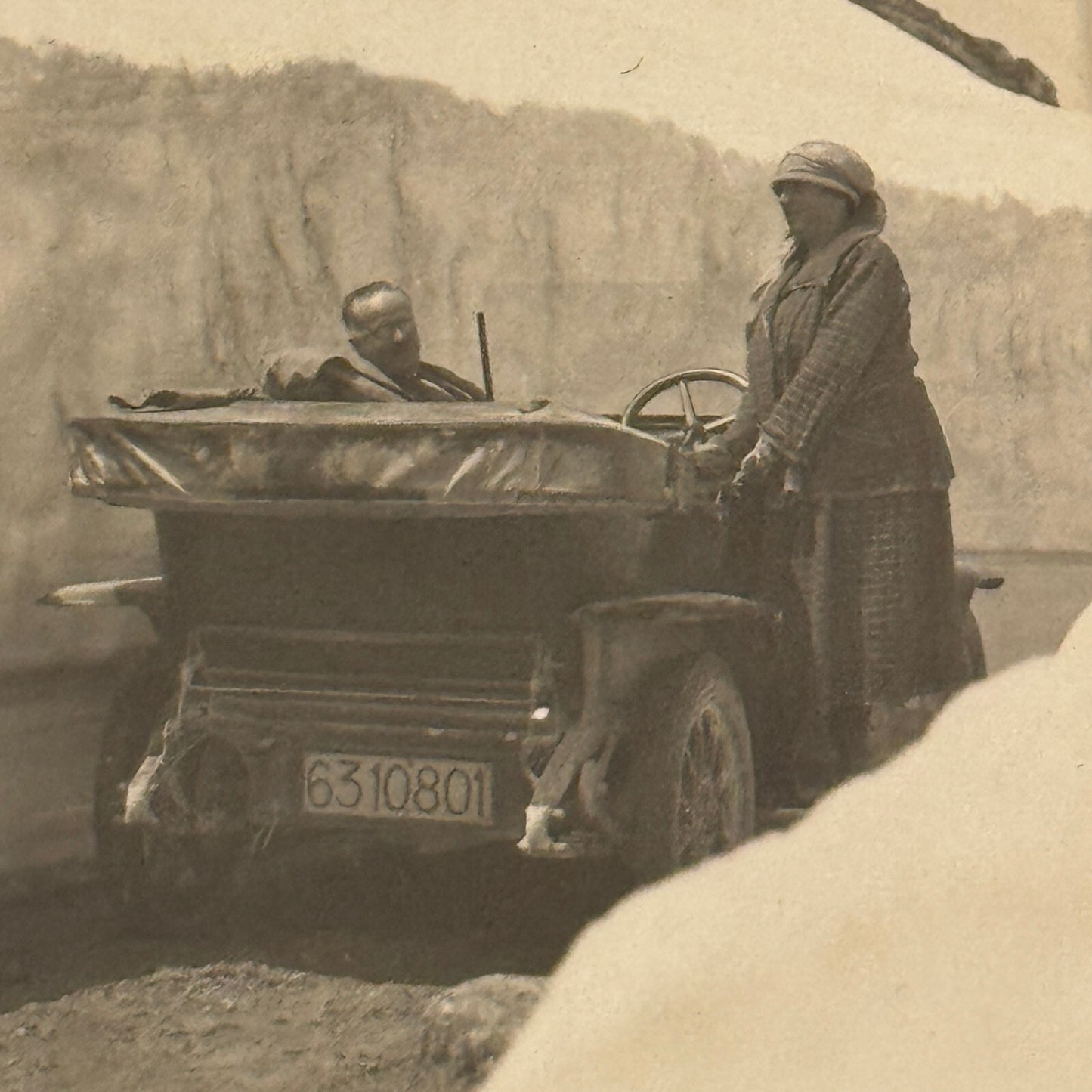 Vintage Photograph Photo Antique Car Automobile People in Snow Mountain