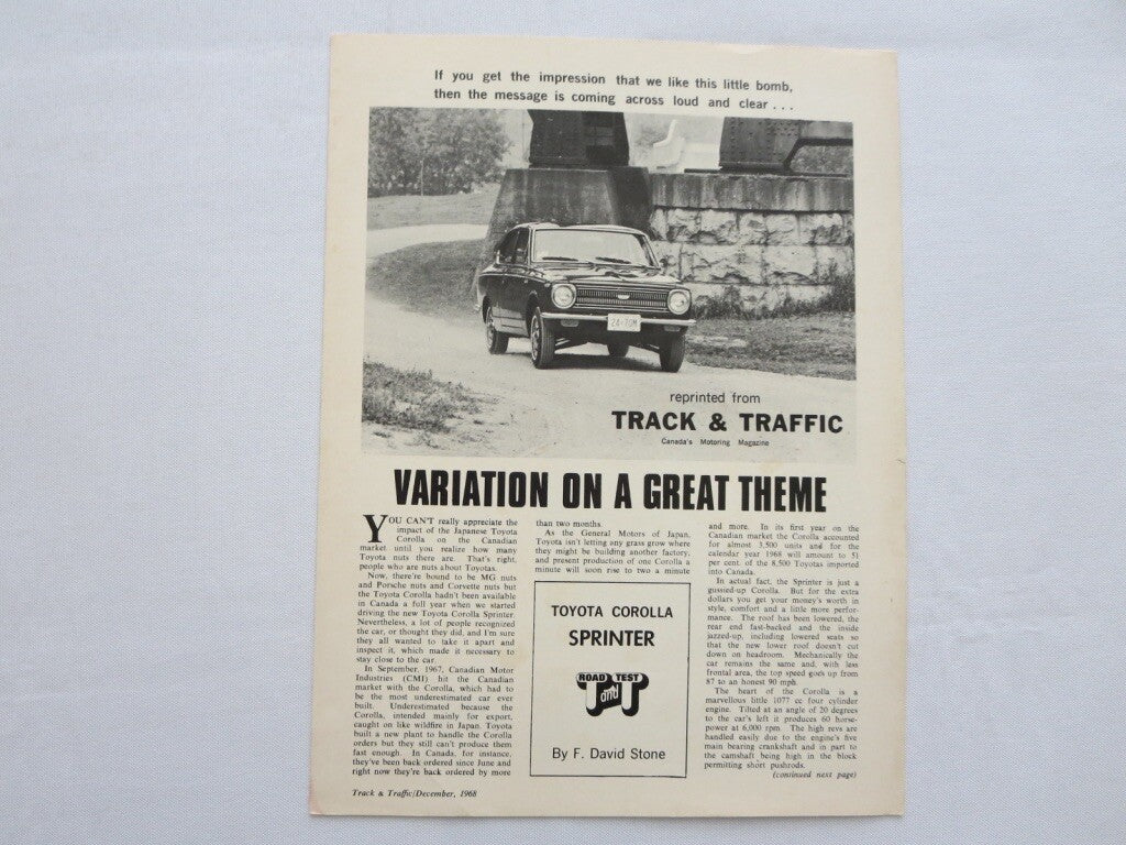 1968 1969 Toyota Corolla Sprinter Sales Brochure Road Test Catalog 