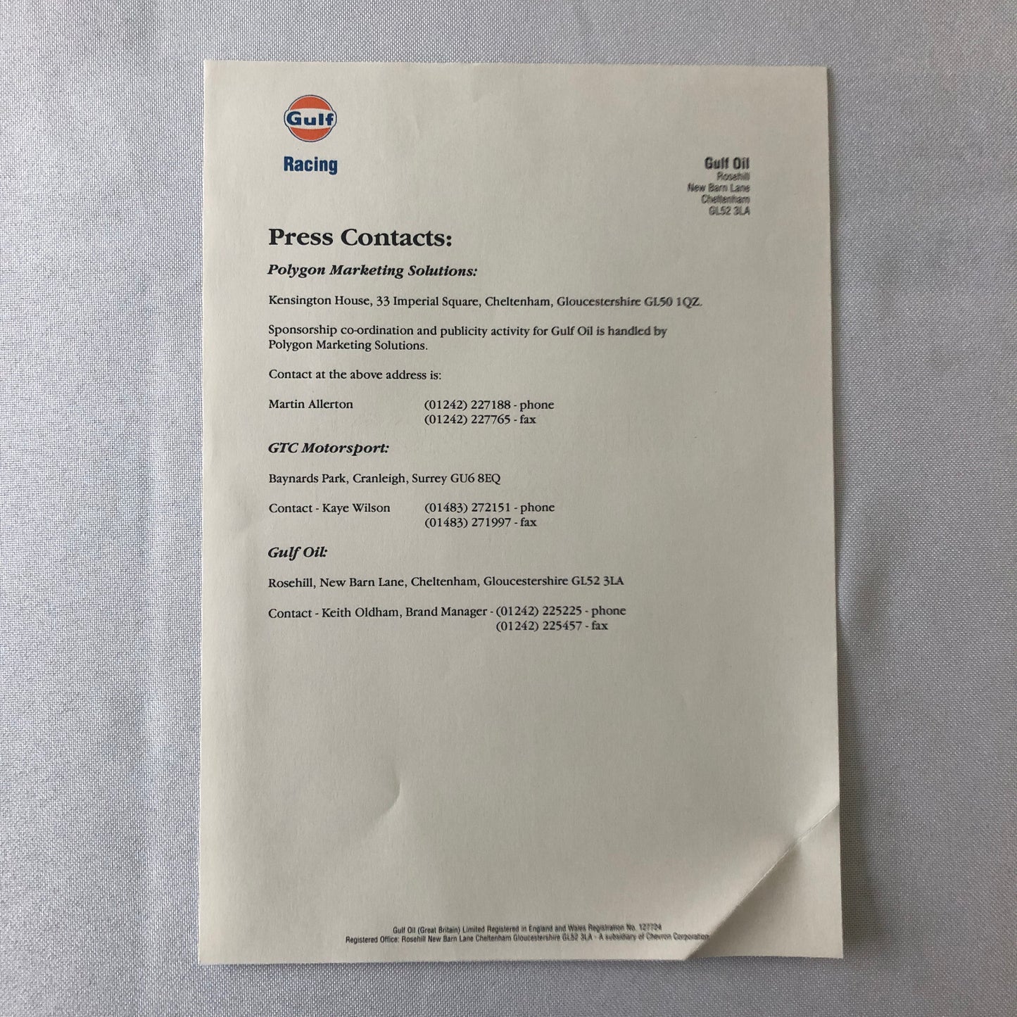 Gulf Racing McLaren F1 GTR Press Kit Brochure Photos