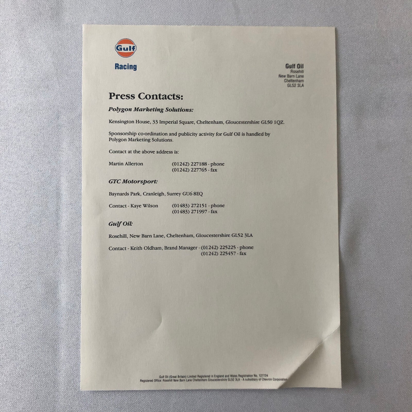 Gulf Racing McLaren F1 GTR Press Kit Brochure Photos