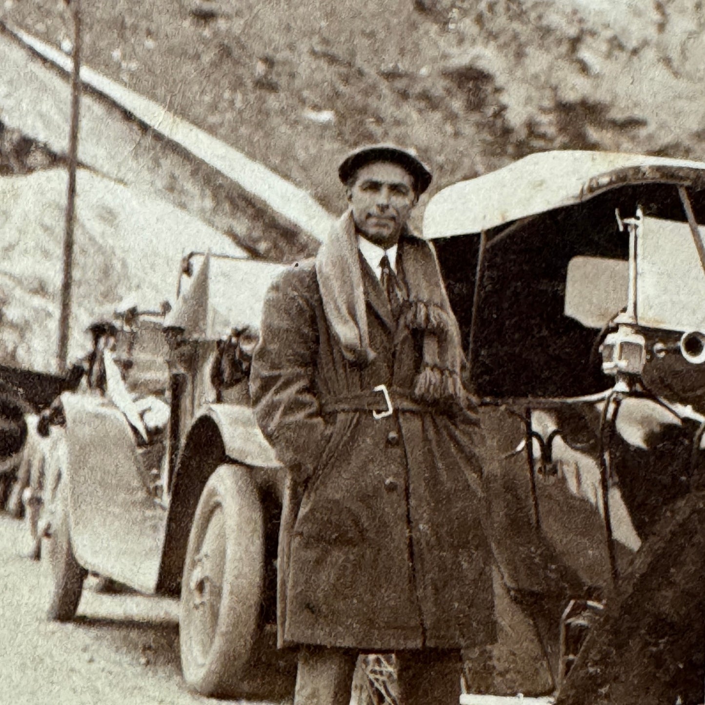 Vintage Photograph Man with Early Automobile Cars Mountain Great Image