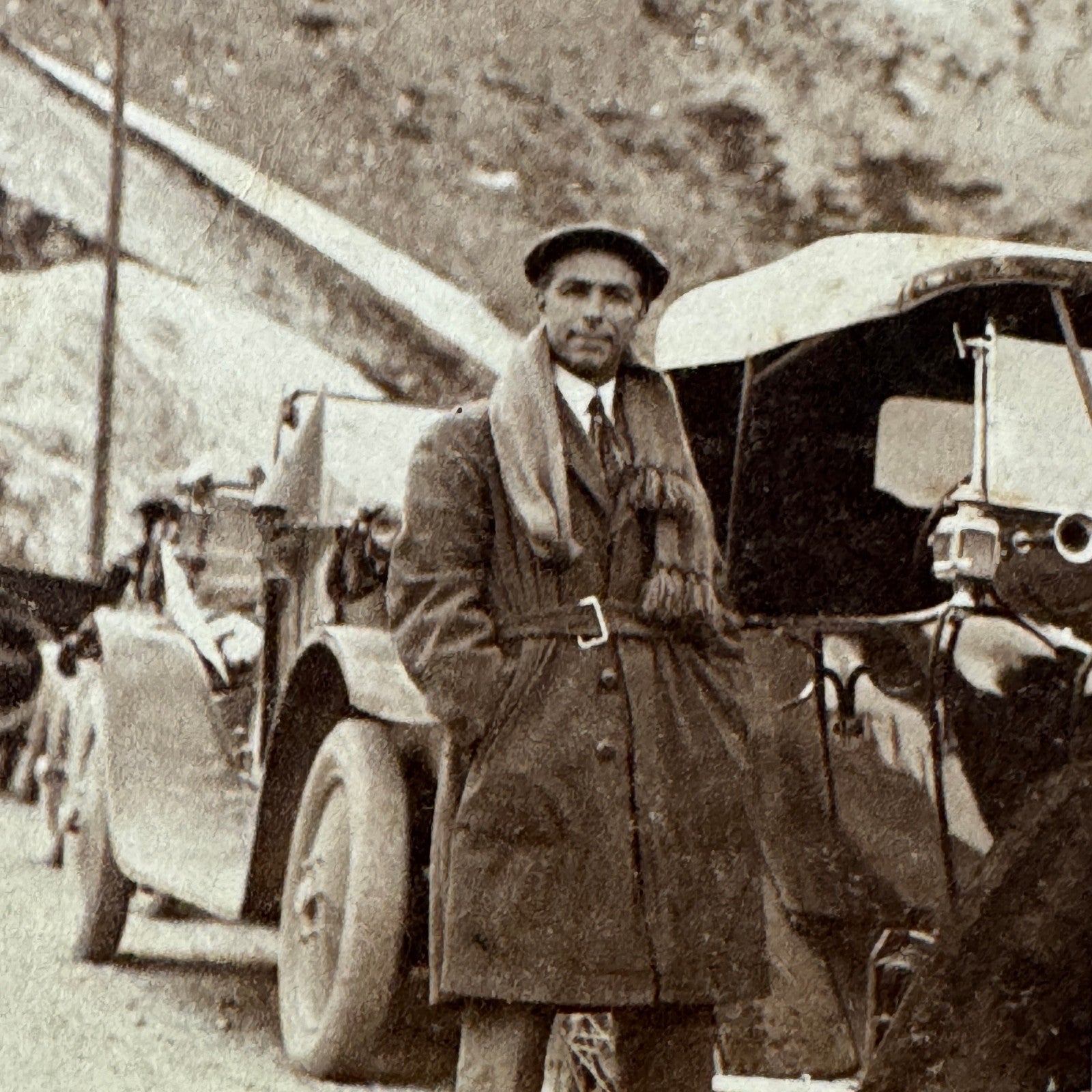 Vintage Photograph Man with Early Automobile Cars Mountain Great Image