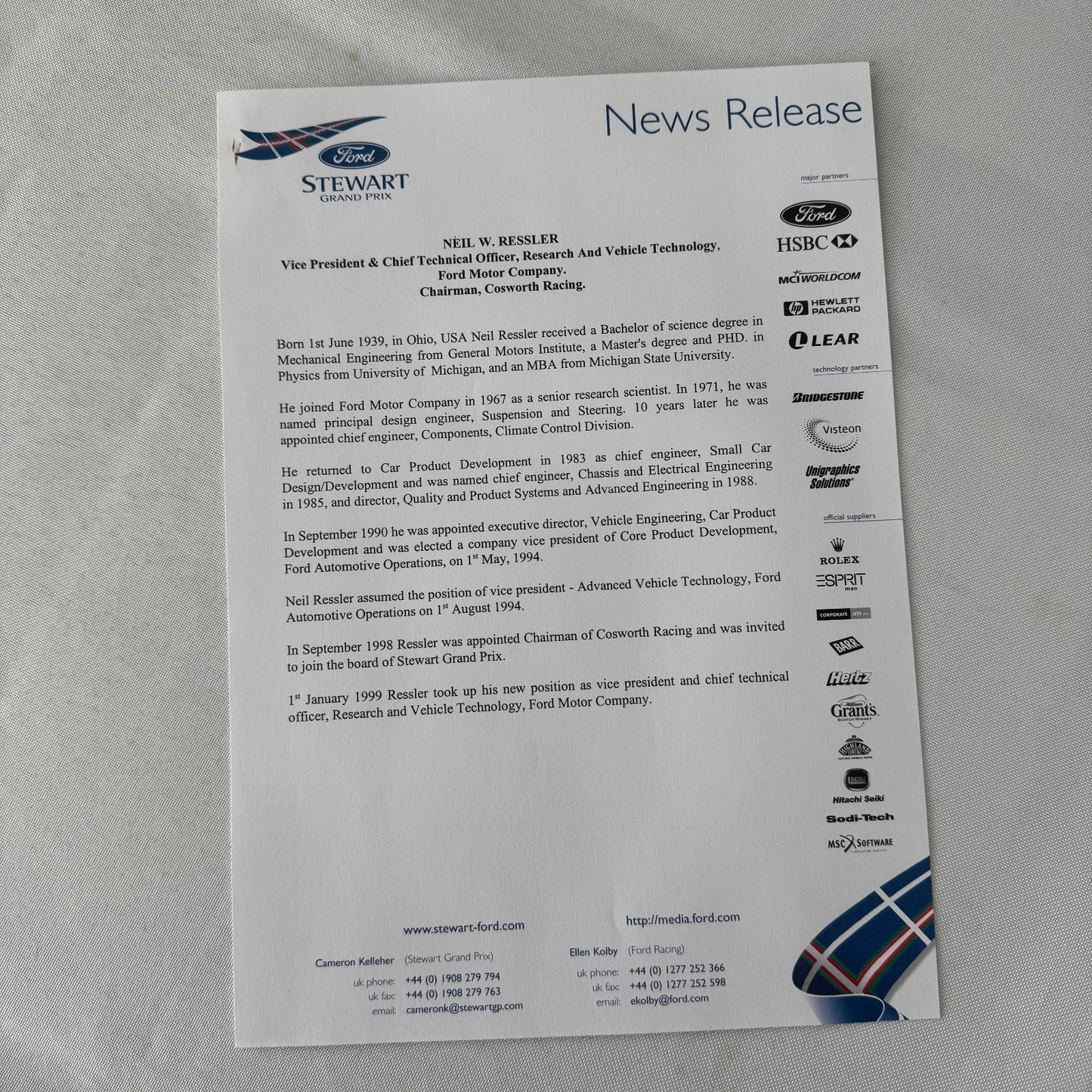 1999 Ford Jackie Stewart Racing Team SF3 Press Kit 35mm Slides Brochure Photos