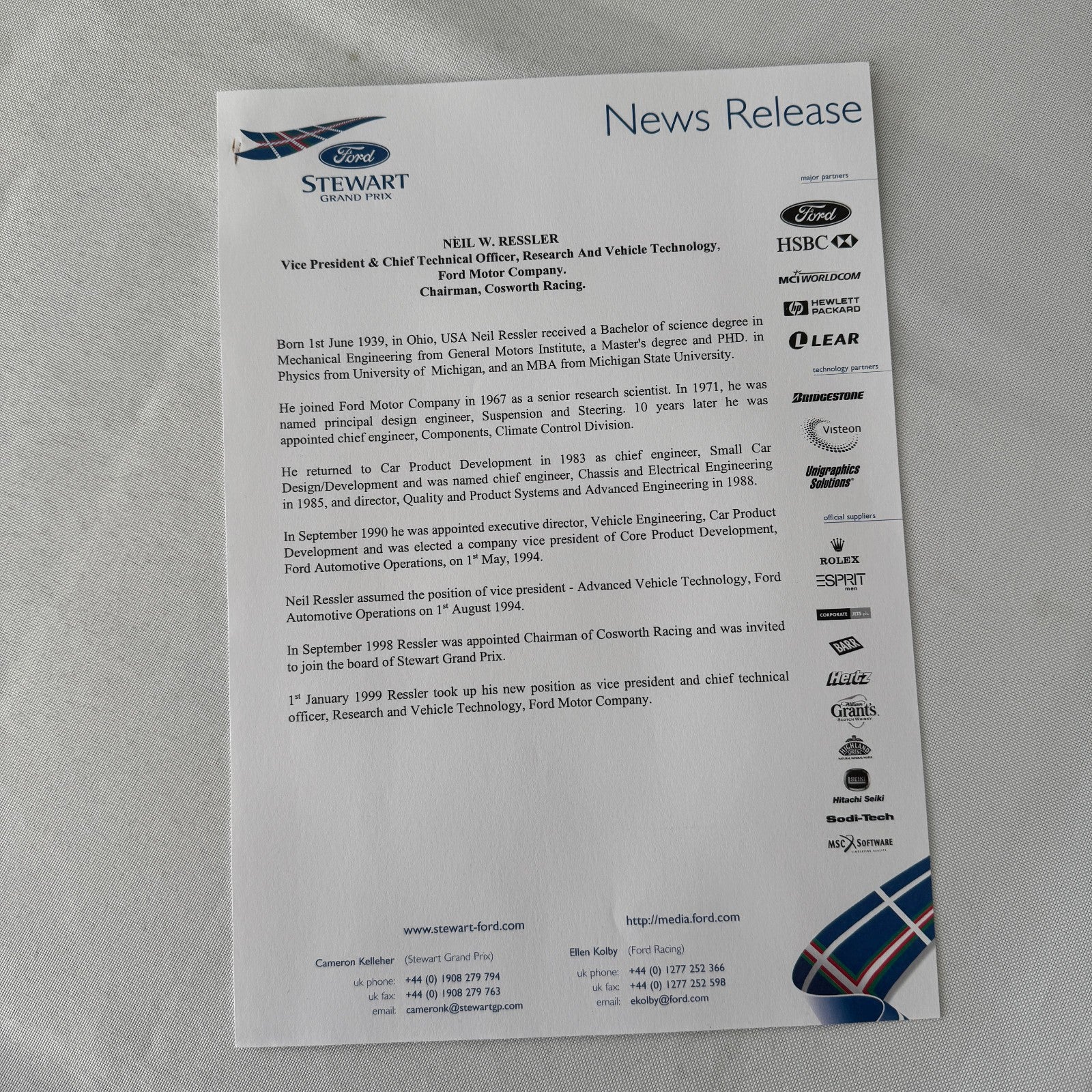 1999 Ford Jackie Stewart Racing Team SF3 Press Kit 35mm Slides Brochure Photos