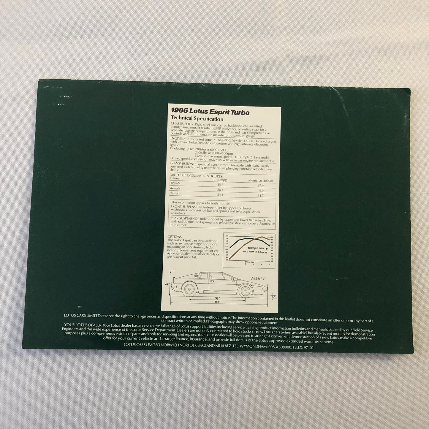 1986 Lotus Esprit Turbo Sales Brochure Vintage FRENCH TEXT