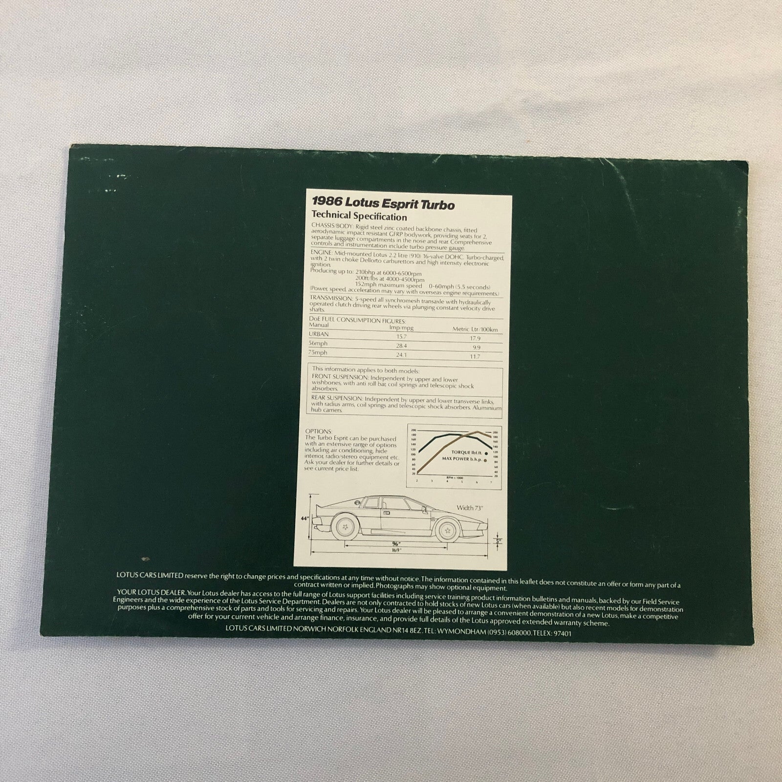 1986 Lotus Esprit Turbo Sales Brochure Vintage FRENCH TEXT